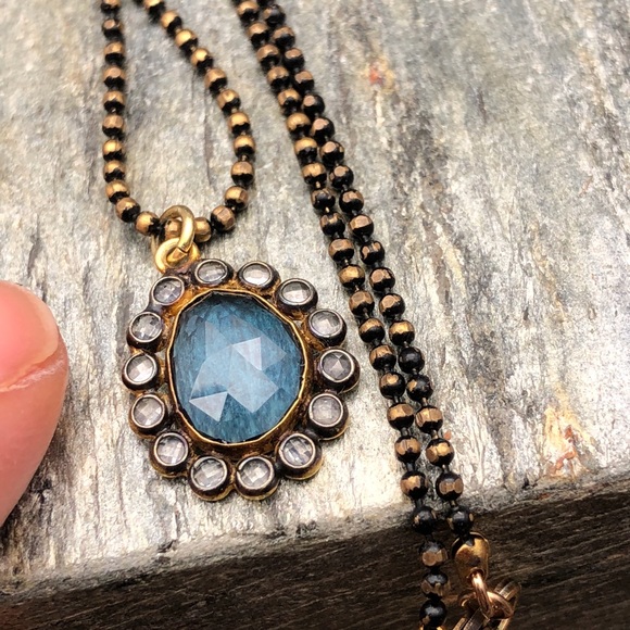 Blue Spinal & white sapphire black gold necklace